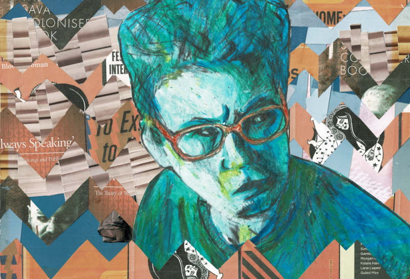 A coloured sketch by Lisa Maule of a person looking to one side, thinking pensively. They have short hair and glasses. In the background is a zigzag pattern collage made from books and magazines. Partial words say 'The Savage Coloniser', and 'Always Speaking'. Lana Lopesi and Guled Mire are two names in tiny text that can be made out.